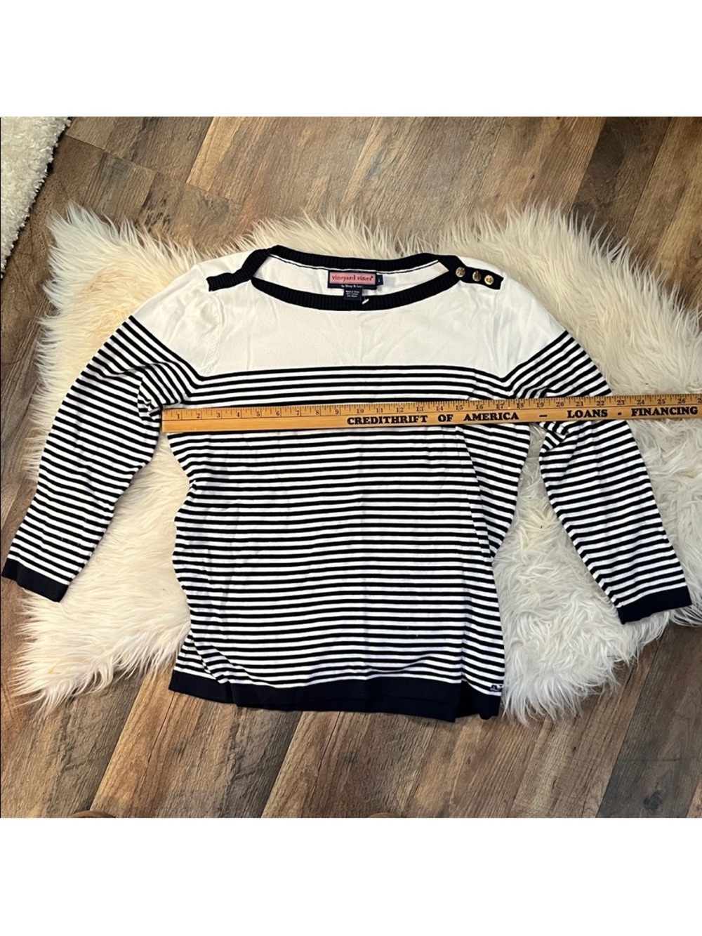 Vineyard Vines Navy & White Striped Boat Neck Sweater Shoulder Button Women’s L - Picture 4 of 6